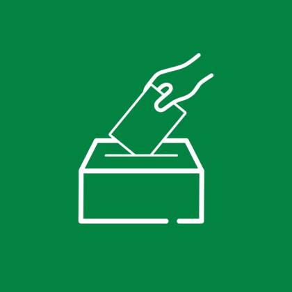 Yksinkertainen graafinen vaaliuurnaan laskettavaa äänestyslippua kuvaava kuvitus.