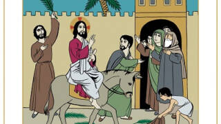 Jeesus ratsastaa aasilla. Jerusalemiin.