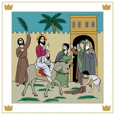 Jeesus ratsastaa aasilla. Jerusalemiin.