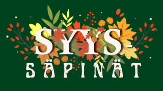 Syyssäpinöiden lehtikuvioilla koristeltu logo.