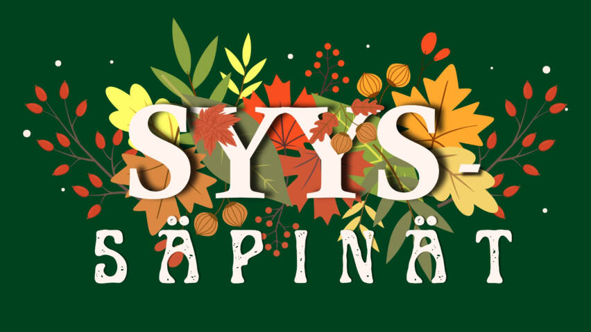 Syyssäpinöiden lehtikuvioilla koristeltu logo.