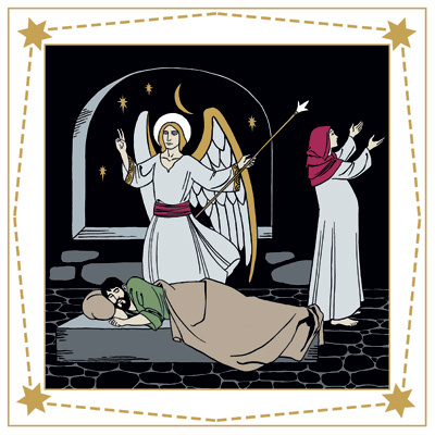 Enkeli ilmestyy Joosefille unessa. Raskaana oleva Maria kädet kohotettuina taustalla.
