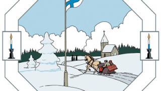 Suomen lippu lumisessa maisemassa, reki matkalla kirkkoon.