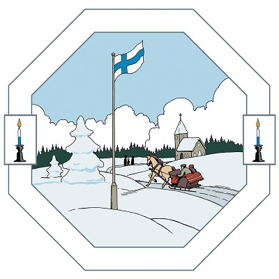 Suomen lippu lumisessa maisemassa, reki matkalla kirkkoon.