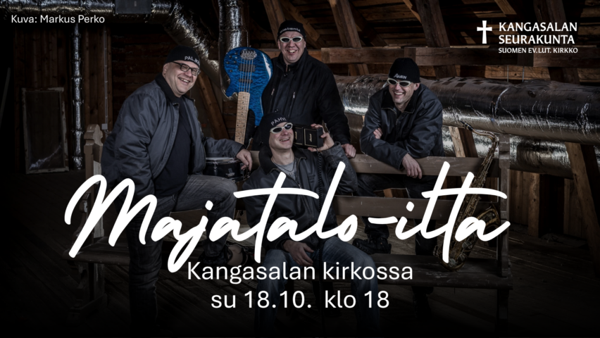 neljä miestä istuu ullakolla pipot päässään ja soittimet kädessään. Mooseksen Parta -Promokuva