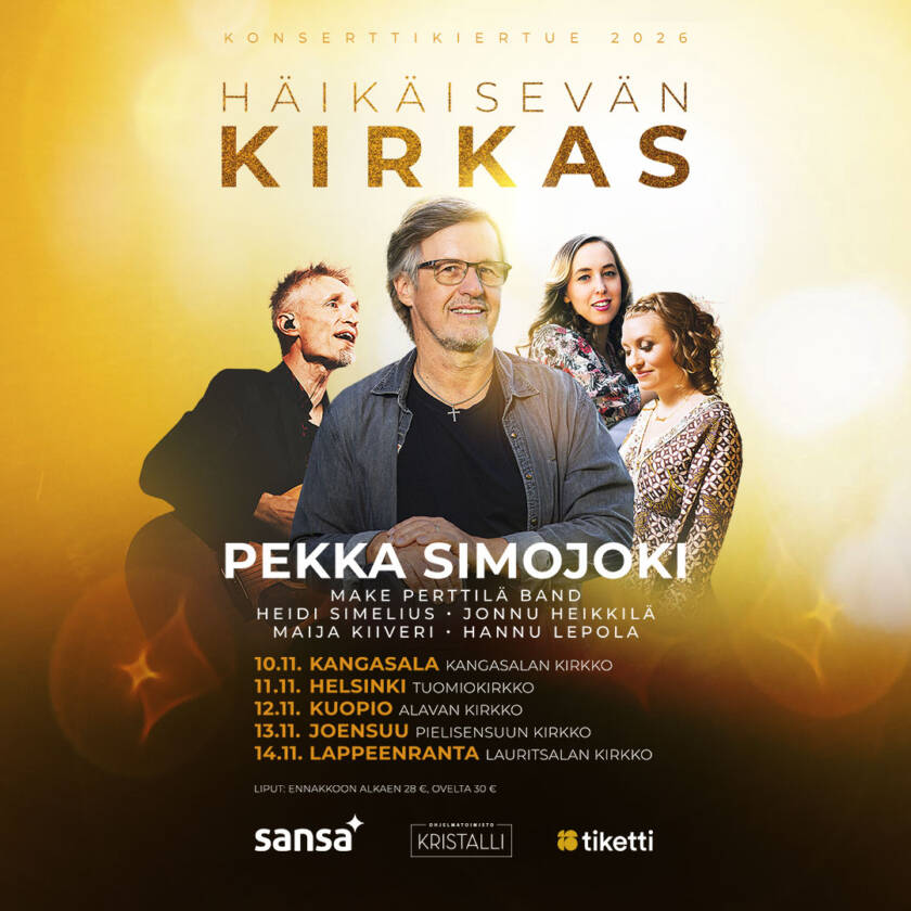 Häikäisevän kirkas -kiertueen mainoskuva. Kuvassa kiertueella esiintyvät muusikot sekä kiertueen aikataulu.