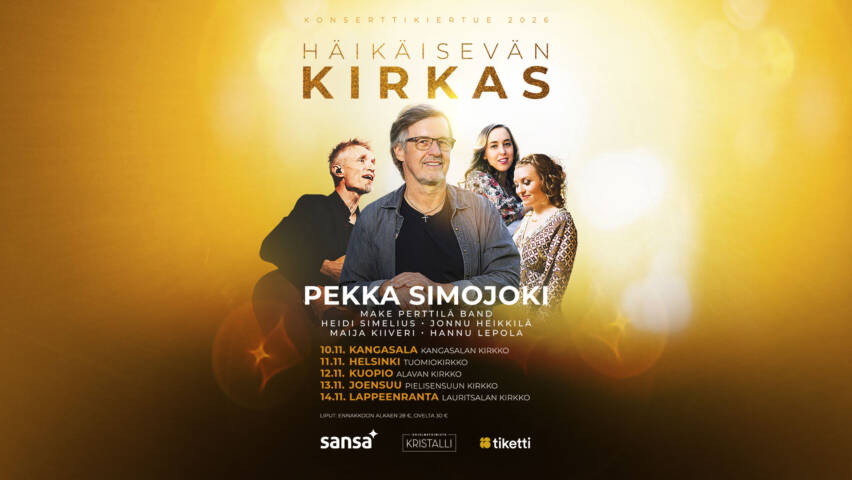 Häikäisevän kirkas -kiertueen mainoskuva. Kuvassa kiertueella esiintyvät muusikot sekä kiertueen aikataulu.