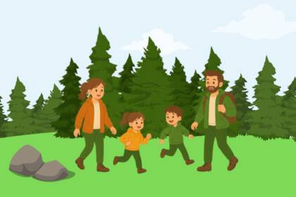 Piirroskuvassa nelihenkinen perhe liikkuu metsämaisemassa.