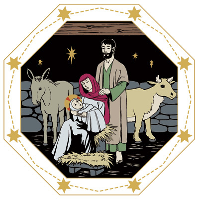 Jeesus-lapsi Marian sylissä, Joosef seisoo Marian takana. He ovat tallissa.