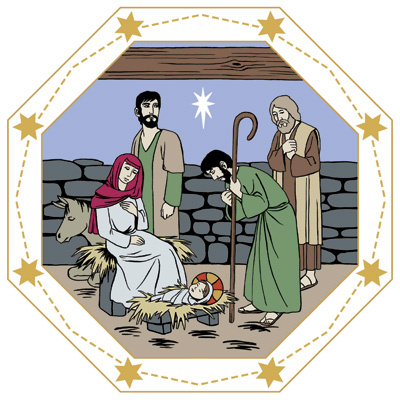 Paimenet ovat tulleet kumartamaan Jeesus-lasta, joka lepää seimessä. Maria ja Joosef-seisovat vierellä.