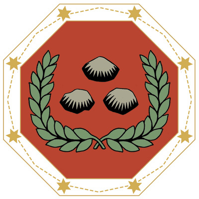 Kolme kiveä ja seppele punaisella taustalla.